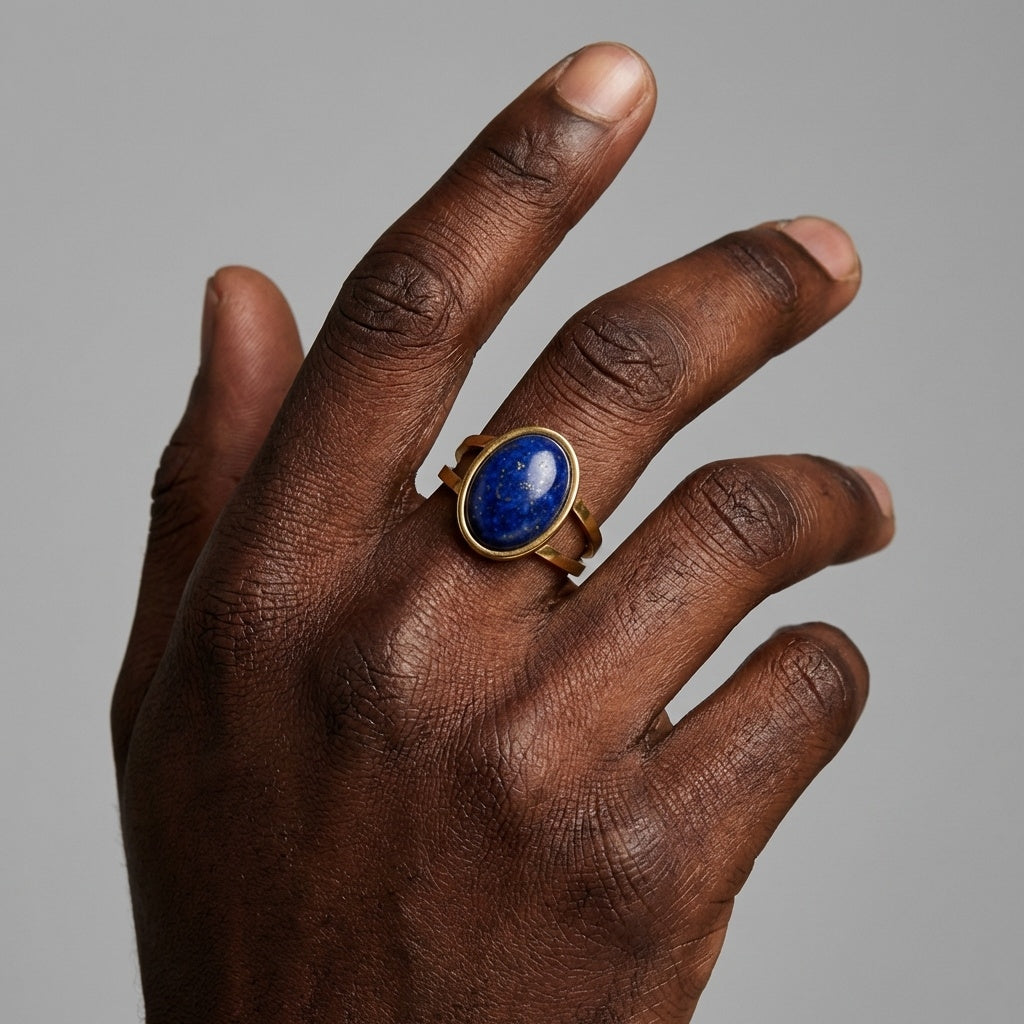 Lapis Lazuli Stone Golden Dual Band Oval Ring | 18K Real Gold PVD Plated– For Men | Includes: Ring