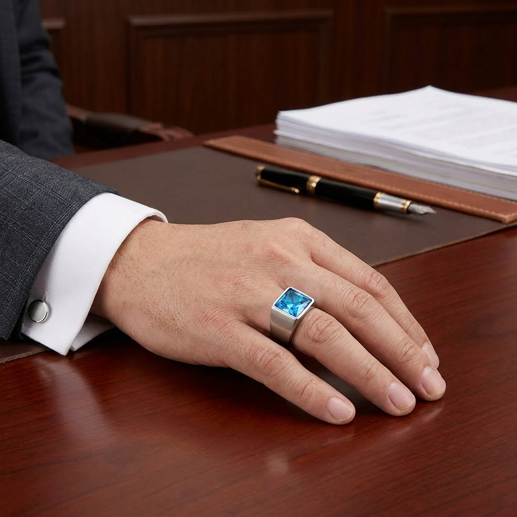 Regular Light Blue Square Zircon Titanium Ring | PVD Plated– For Men | Includes: Ring