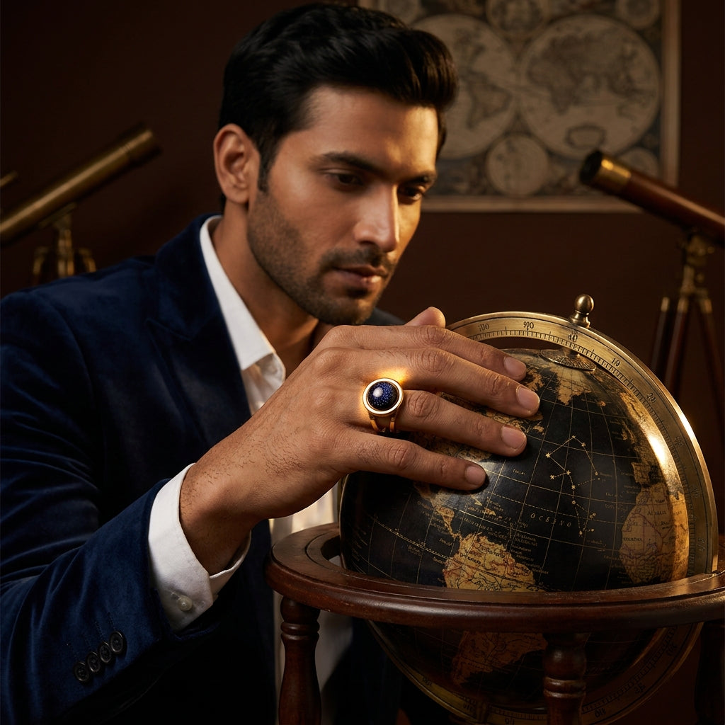 Blue Sand Stone Flexi Size Golden Ring | 18K Real Gold PVD Plated– For Men | Includes: Ring
