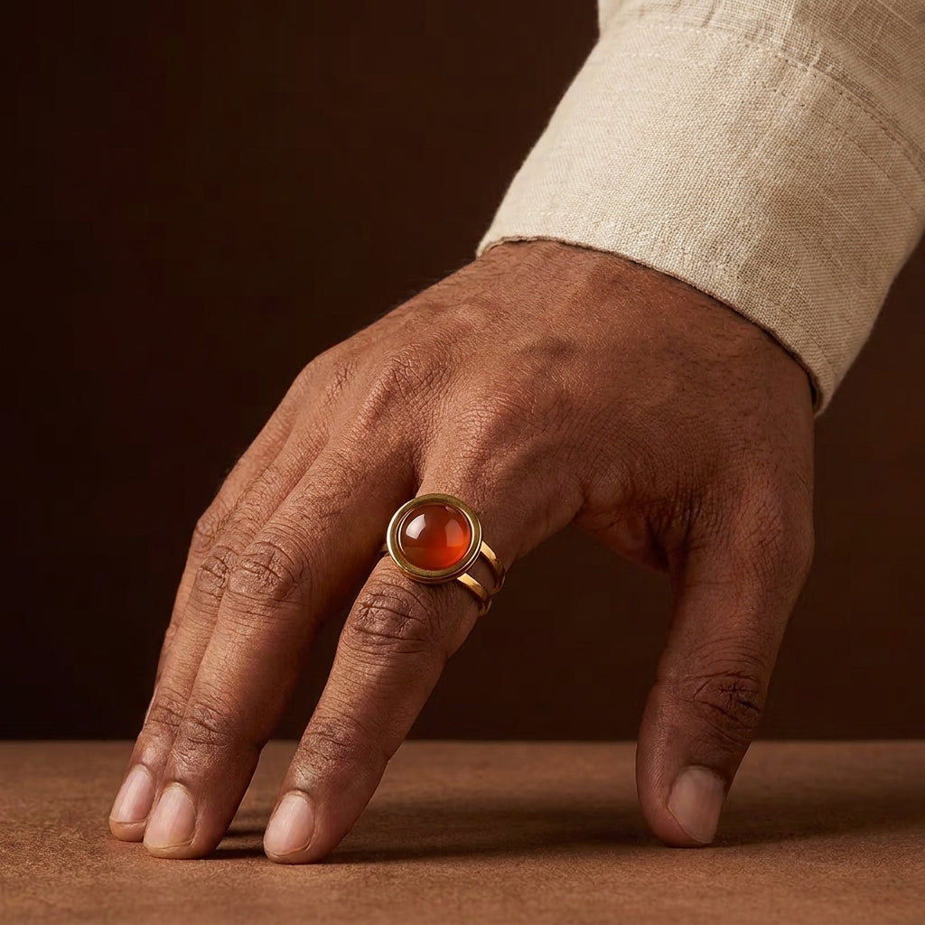 Carnelian Real Stone Flexi Size Golden Ring | 18K Real Gold PVD Plated– For Men | Includes: Ring