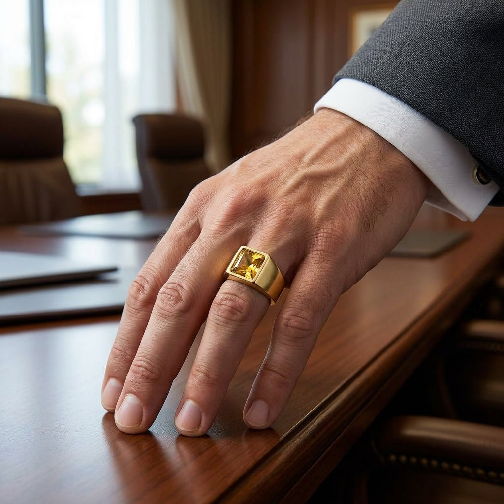 Golden Regular Yellow Square Zircon Titanium Ring | 18K Real Gold PVD Plated– For Men | Includes: Ring