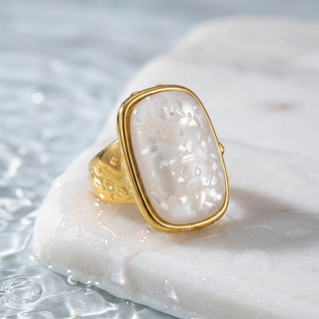 Ultra Bold Natural Rainbow White Agate Stone Golden Ring | 18K Real Gold PVD Plated– For Men | Includes: Ring