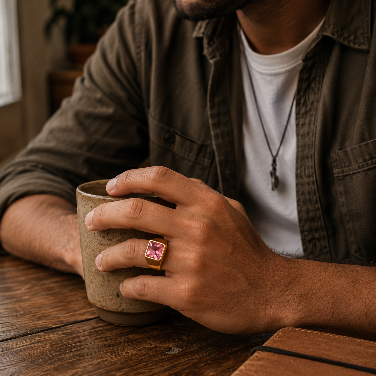 Golden Regular Pink Square Zircon Titanium Ring | 18K Real Gold PVD Plated– For Men | Includes: Ring