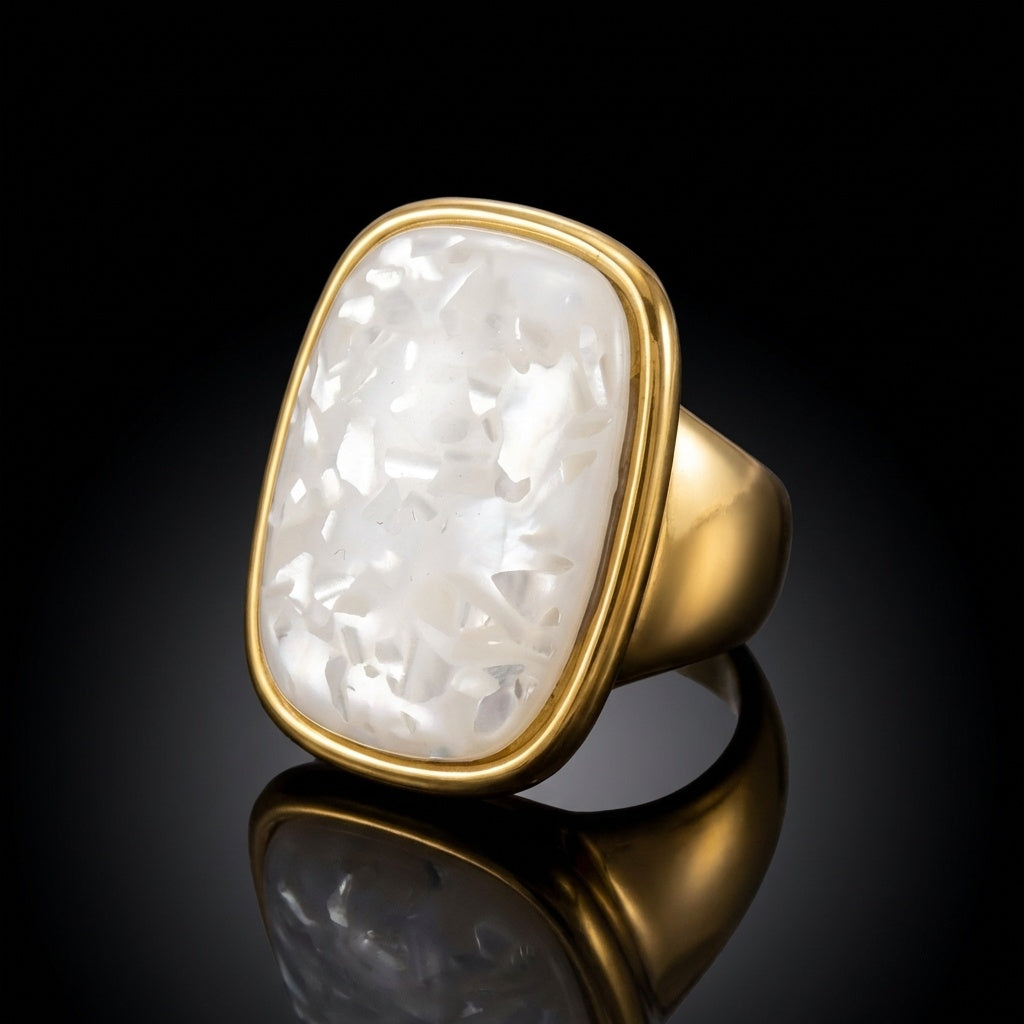 Ultra Bold Natural Rainbow White Agate Stone Golden Ring | 18K Real Gold PVD Plated– For Men | Includes: Ring