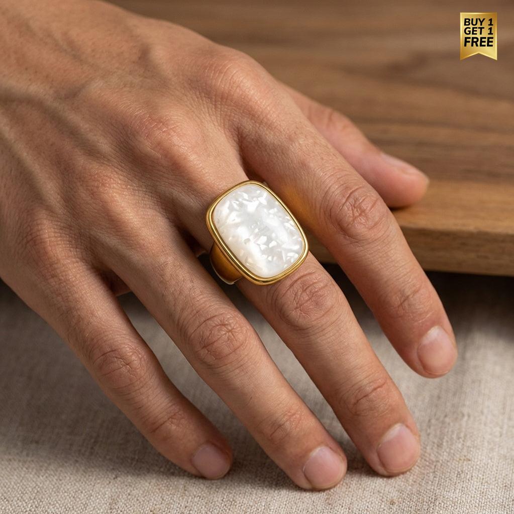 Ultra Bold Natural Rainbow White Agate Stone Golden Ring | 18K Real Gold PVD Plated– For Men | Includes: Ring
