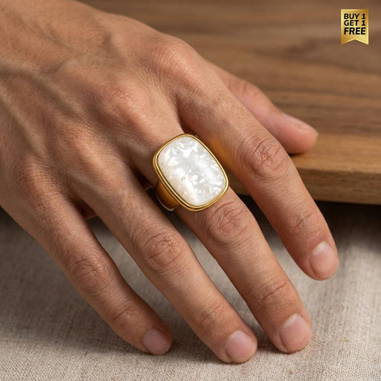 Ultra Bold Natural Rainbow White Agate Stone Golden Ring | 18K Real Gold PVD Plated– For Men | Includes: Ring