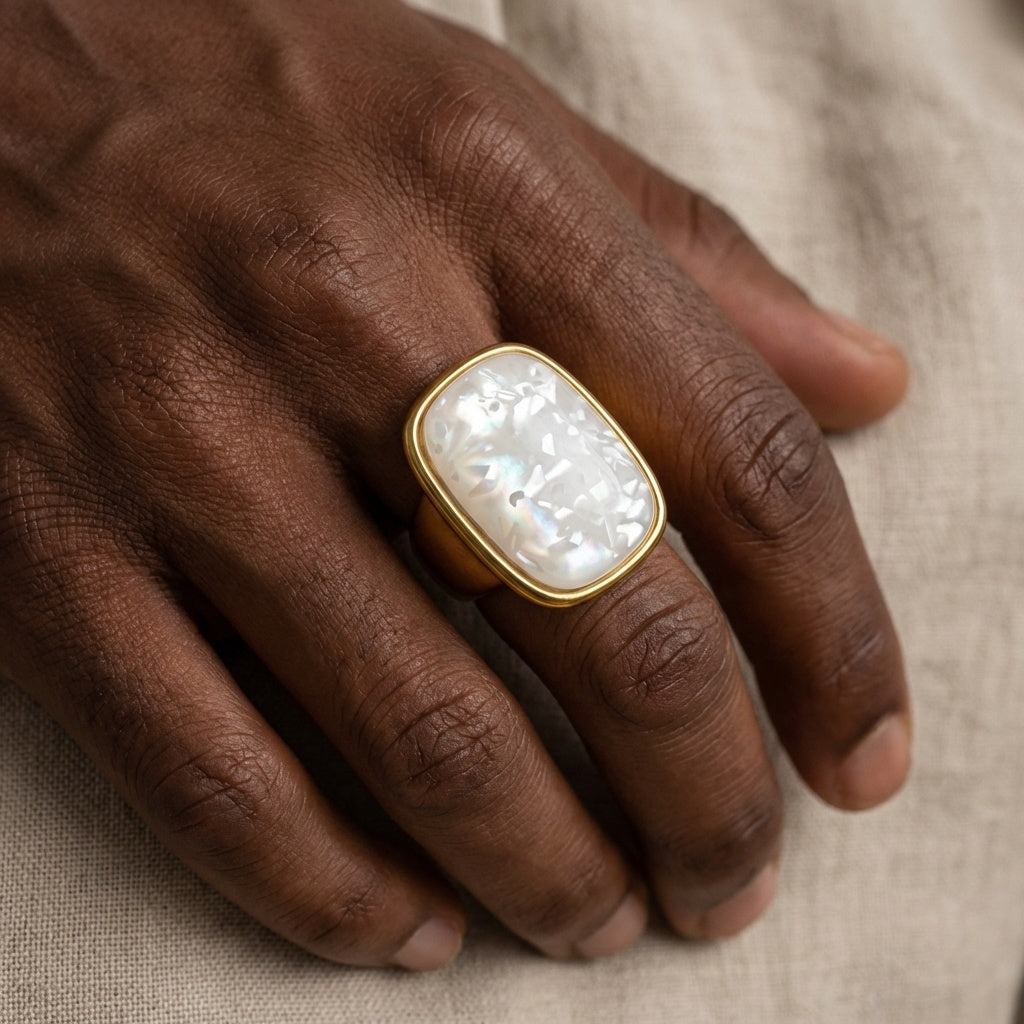 Ultra Bold Natural Rainbow White Agate Stone Golden Ring | 18K Real Gold PVD Plated– For Men | Includes: Ring