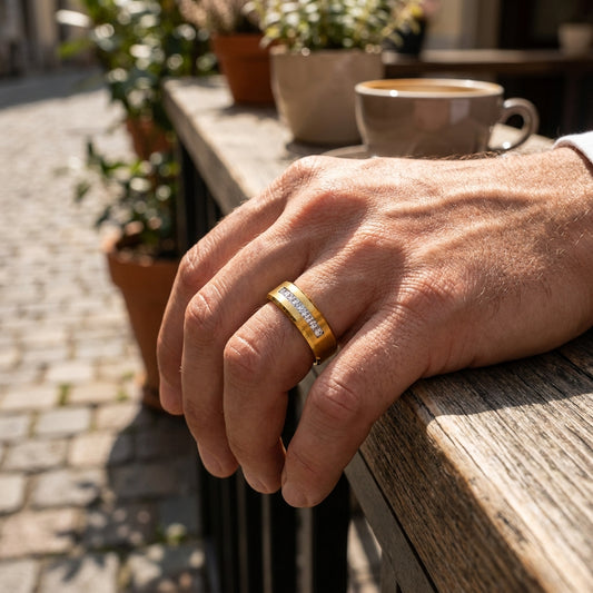 Golden Titanium Zircon Stub Modern Ring | 18K Real Gold PVD Plated– For Men | Includes: Ring