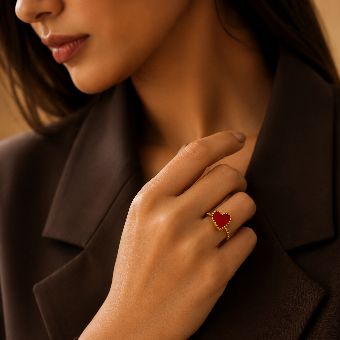 Dainty Red Shell Heart Flexi Size Ring | 18K PVD Gold Plated- For Women | Includes: Ring