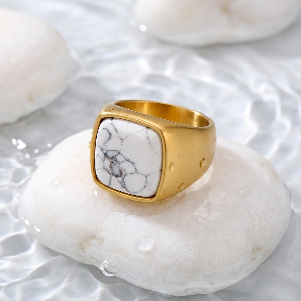 Howlite Stone BOLD Titanium Golden Ring | 18K Real Gold PVD Plated– For Men | Includes: Ring