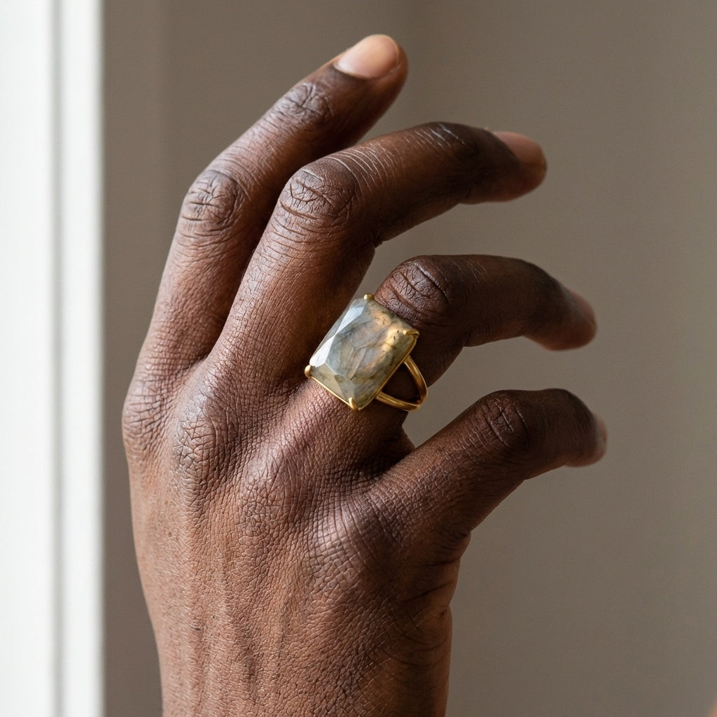 BOLD Labradorite Stone Golden Flexi Size Ring | 18K Real Gold PVD Plated– For Men | Includes: Ring