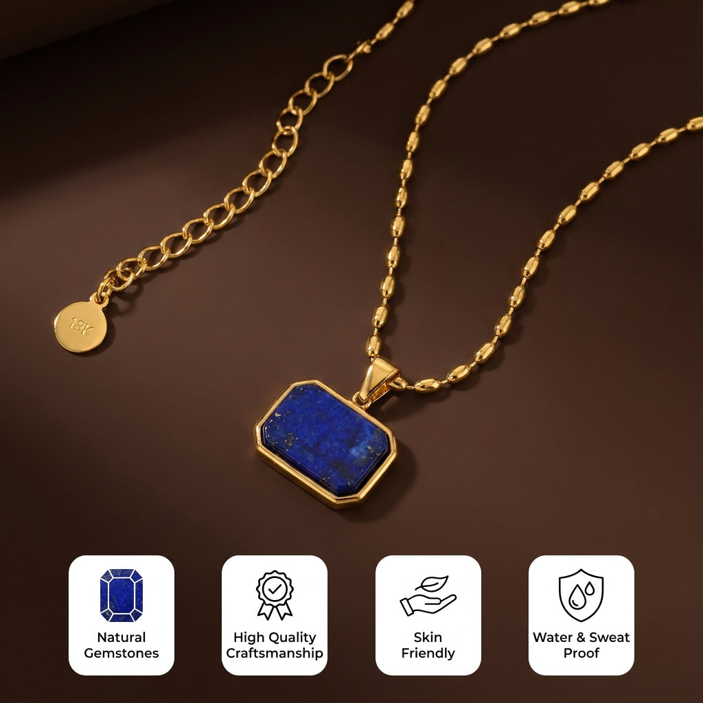 Azure Deep Blue RECTANGLE Necklace | Gold-Tone - For Women | Includes: Necklace