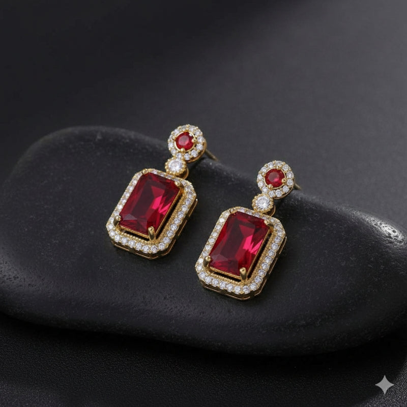 Bold Red Zircon Earring | 18K PVD Gold Plated - For Women | Includes: Earring
