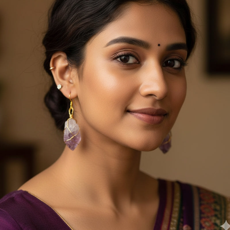 Raw Amethyst Chunky  Earring | 18K PVD Gold Plated - For Women | Includes: Earring