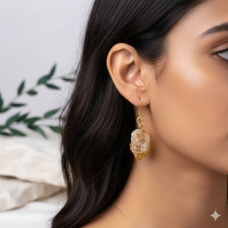 Raw Citrine Chunky  Earring | 18K PVD Gold Plated - For Women | Includes: Earring
