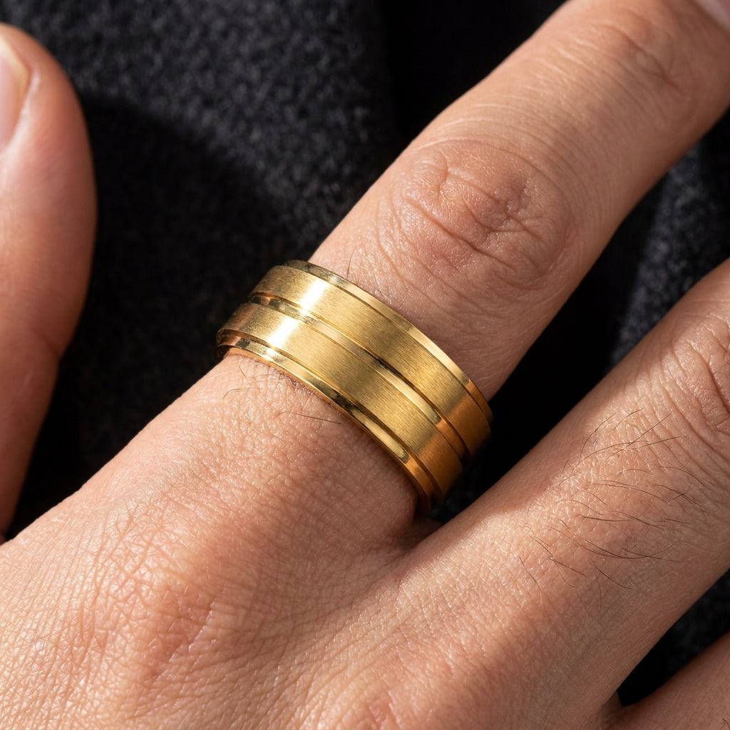 Premium mid-line Golden Steel Ring | 18K Real Gold PVD Plated– For Men | Includes: Ring