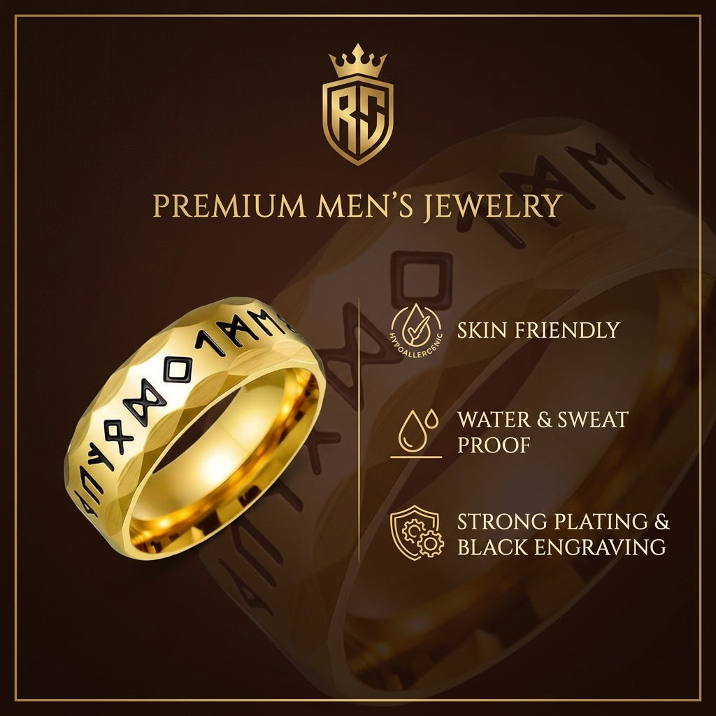 Viking Gothik Golden Ring | 18K Real Gold PVD Plated– For Men | Includes: Ring