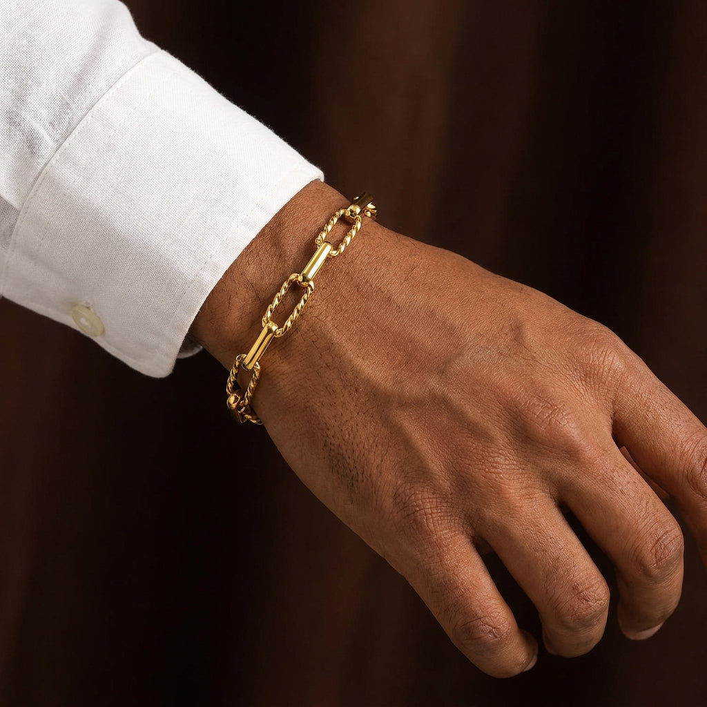 Wide Link Everyday Flexi Size Golden Steel Bracelet | 18K PVD Gold Plated- For Men | Includes: Bracelet