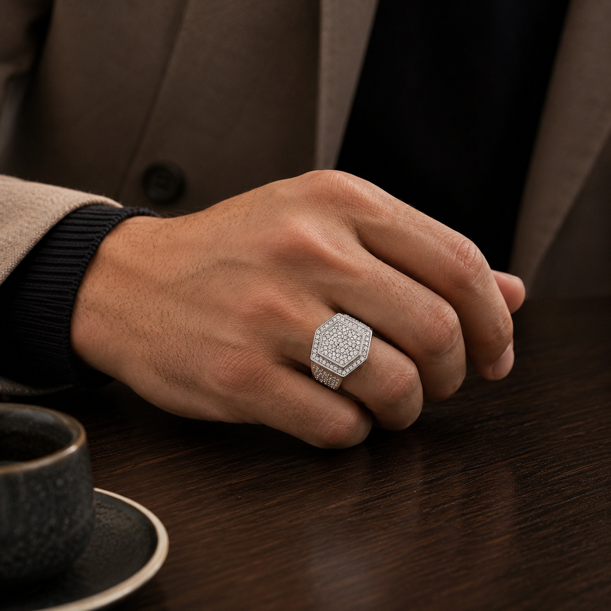 Silverish Hexagon Micro Zircon Bold Steel Ring | PVD Plated– For Men | Includes: Ring