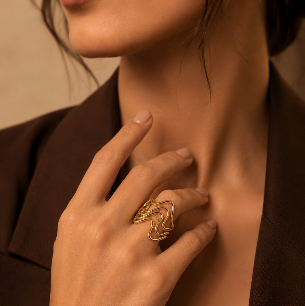 Organic Multi-Wave Dainty Flexi Size Ring | 18K PVD Gold Plated- For Women | Includes: Ring