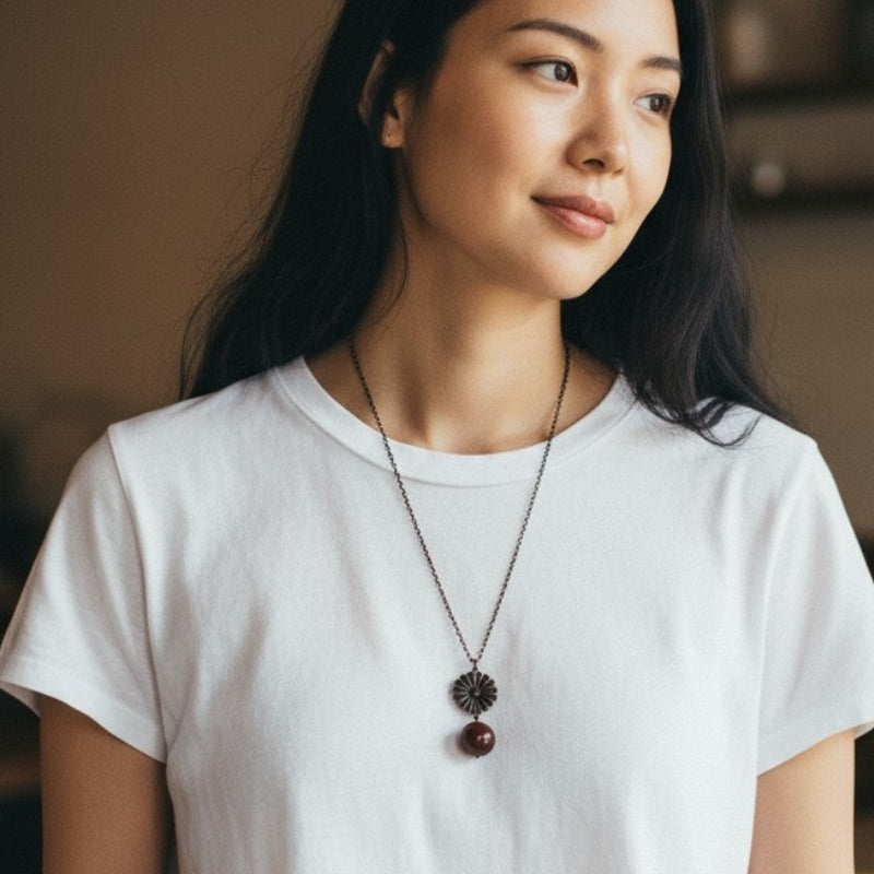 Dainty Bronze Flower Necklace | Red Tiger Eye - For Women | Includes: Necklace
