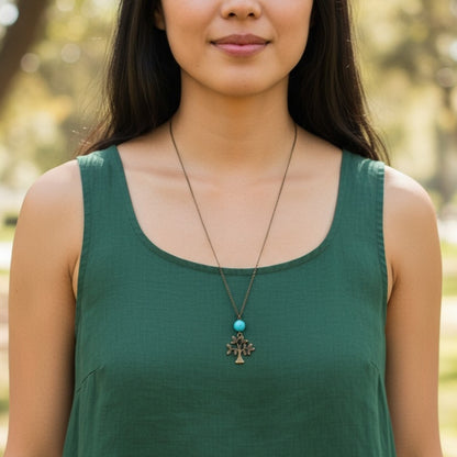 Tree Turquoise Necklace | Brass & Turquoise - For Women | Includes: Necklace