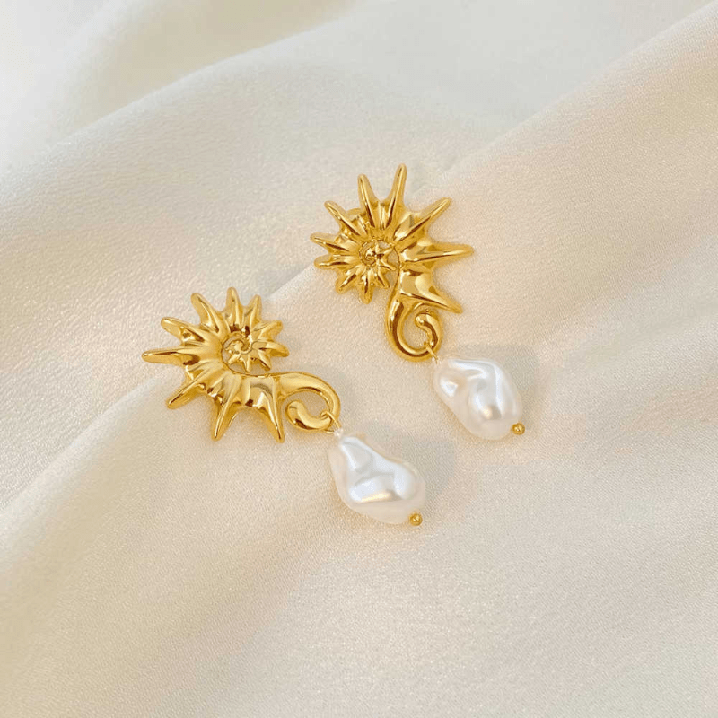 Ocean Pearl Earrings | Pearl, PVD 18K Gold Plated, Stainless Steel, Water Proof - For Women | Includes: Earrings