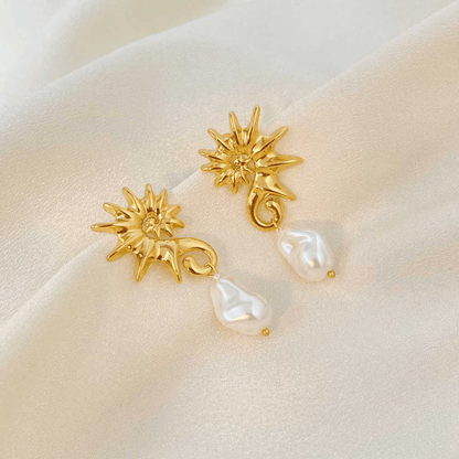 Ocean Pearl Earrings | Pearl, PVD 18K Gold Plated, Stainless Steel, Water Proof - For Women | Includes: Earrings