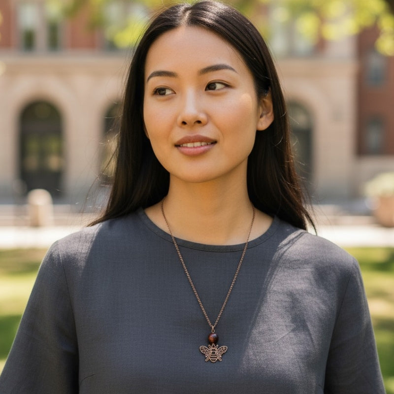 Dainty Bronze Honey Bee Necklace | Red Tiger Eye - For Women | Includes: Necklace