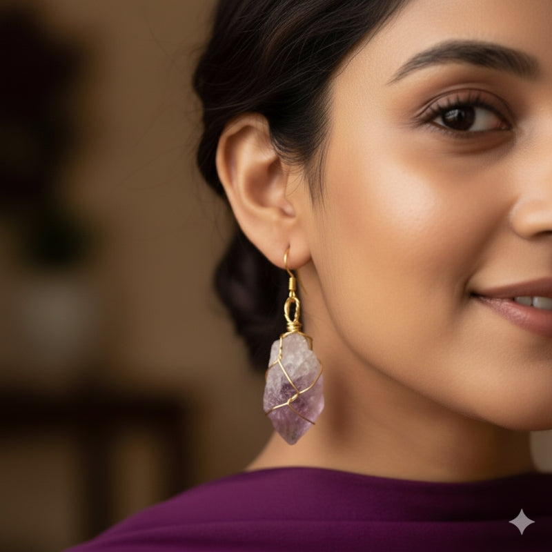 Raw Amethyst Chunky  Earring | 18K PVD Gold Plated - For Women | Includes: Earring