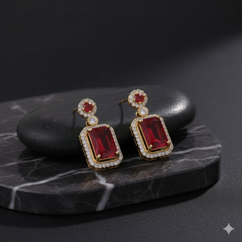 Bold Red Zircon Earring | 18K PVD Gold Plated - For Women | Includes: Earring