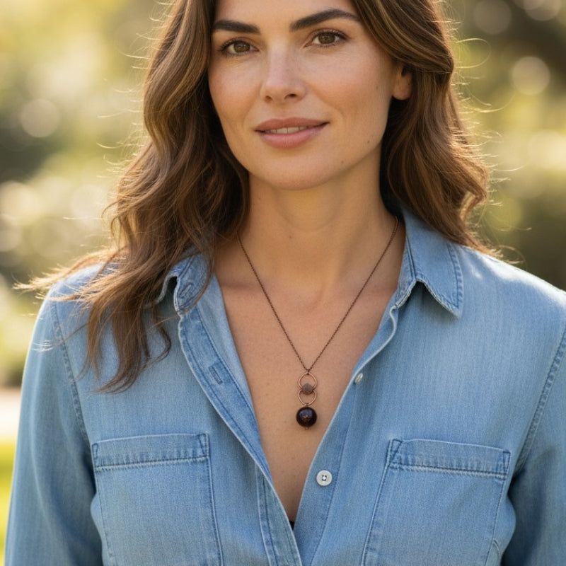 Dainty Bronze Hook Necklace | Red Tiger Eye - For Women | Includes: Necklace