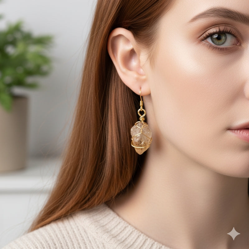 Raw Citrine Chunky  Earring | 18K PVD Gold Plated - For Women | Includes: Earring