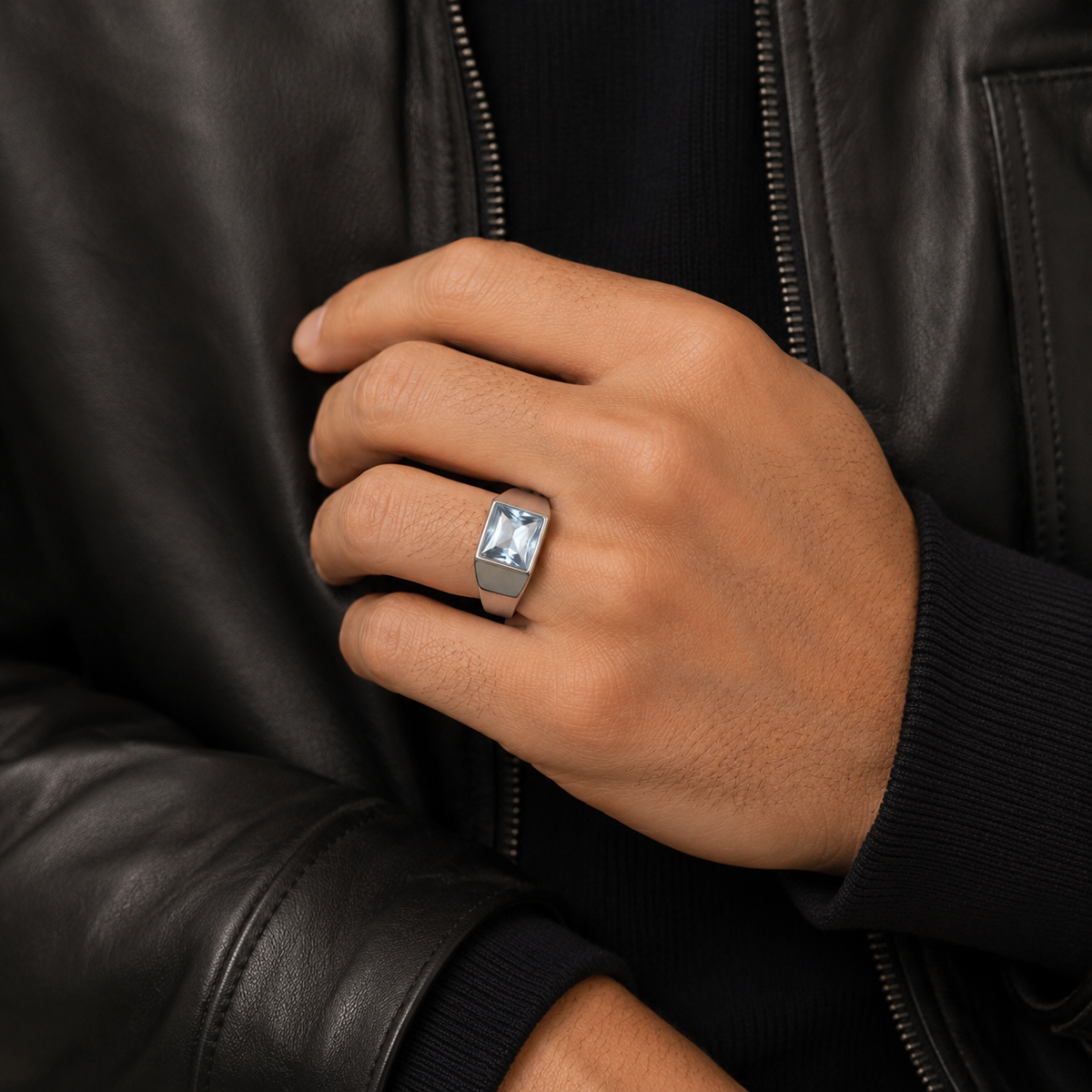 Regular Watery Blue Square Zircon Titanium Ring | PVD Plated– For Men | Includes: Ring