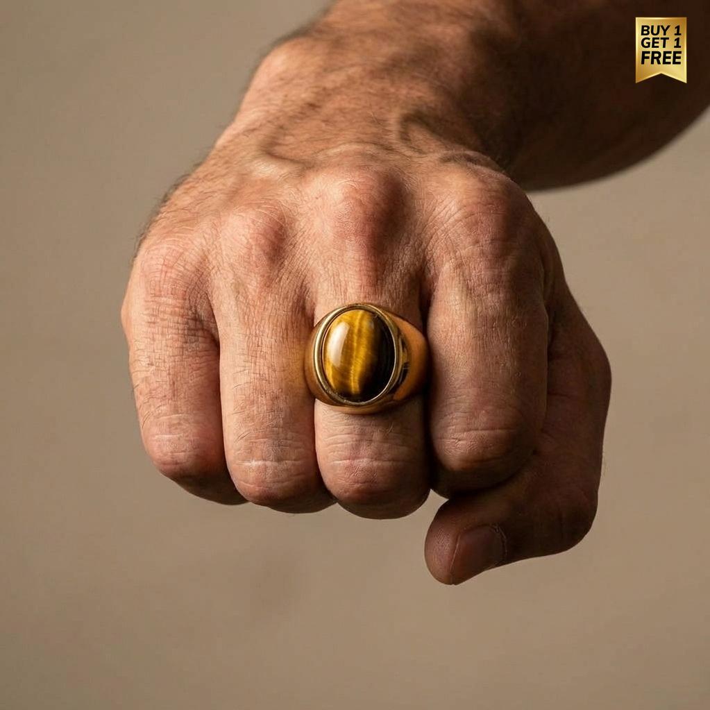 Natural BOLD Tiger Eye Stone Golden Ring | 18K Real Gold PVD Plated– For Men | Includes: Ring