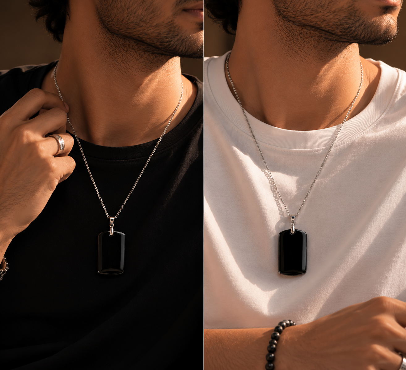 Black Onyx REAL Stone Men's Necklace | Stainless Steel - For Men| Includes: Necklace