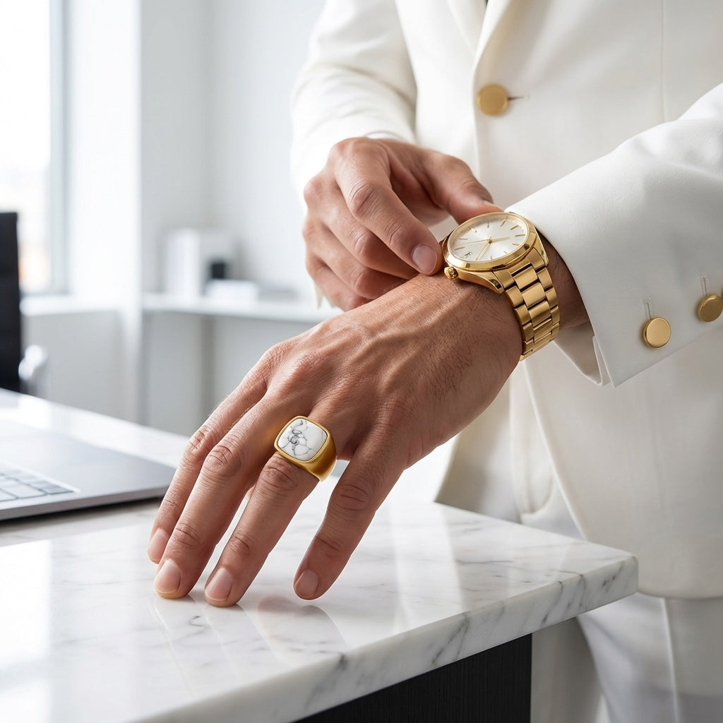 Howlite Stone BOLD Titanium Golden Ring | 18K Real Gold PVD Plated– For Men | Includes: Ring