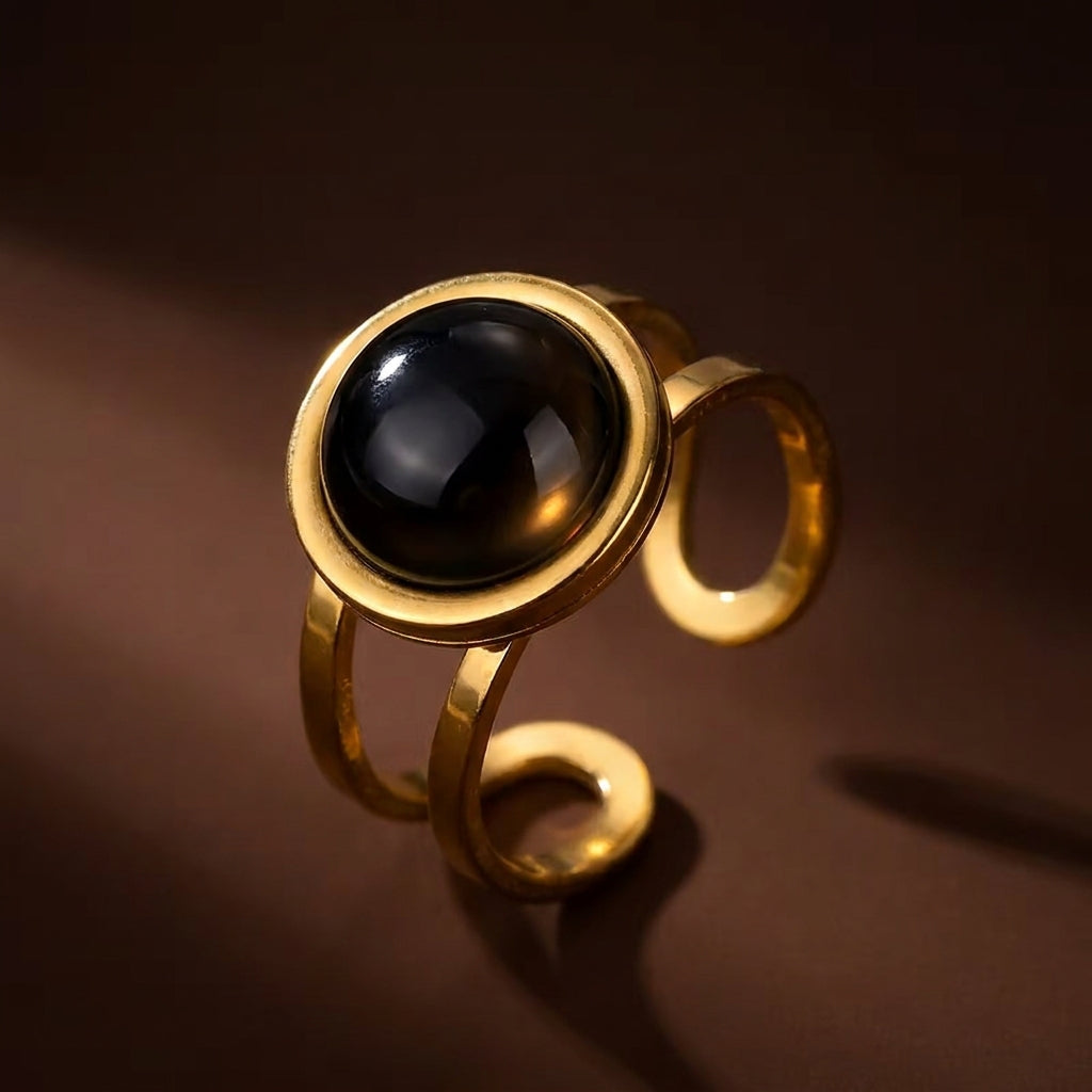 Black Onyx Stone Flexi Size Golden Ring | 18K Real Gold PVD Plated– For Men | Includes: Ring