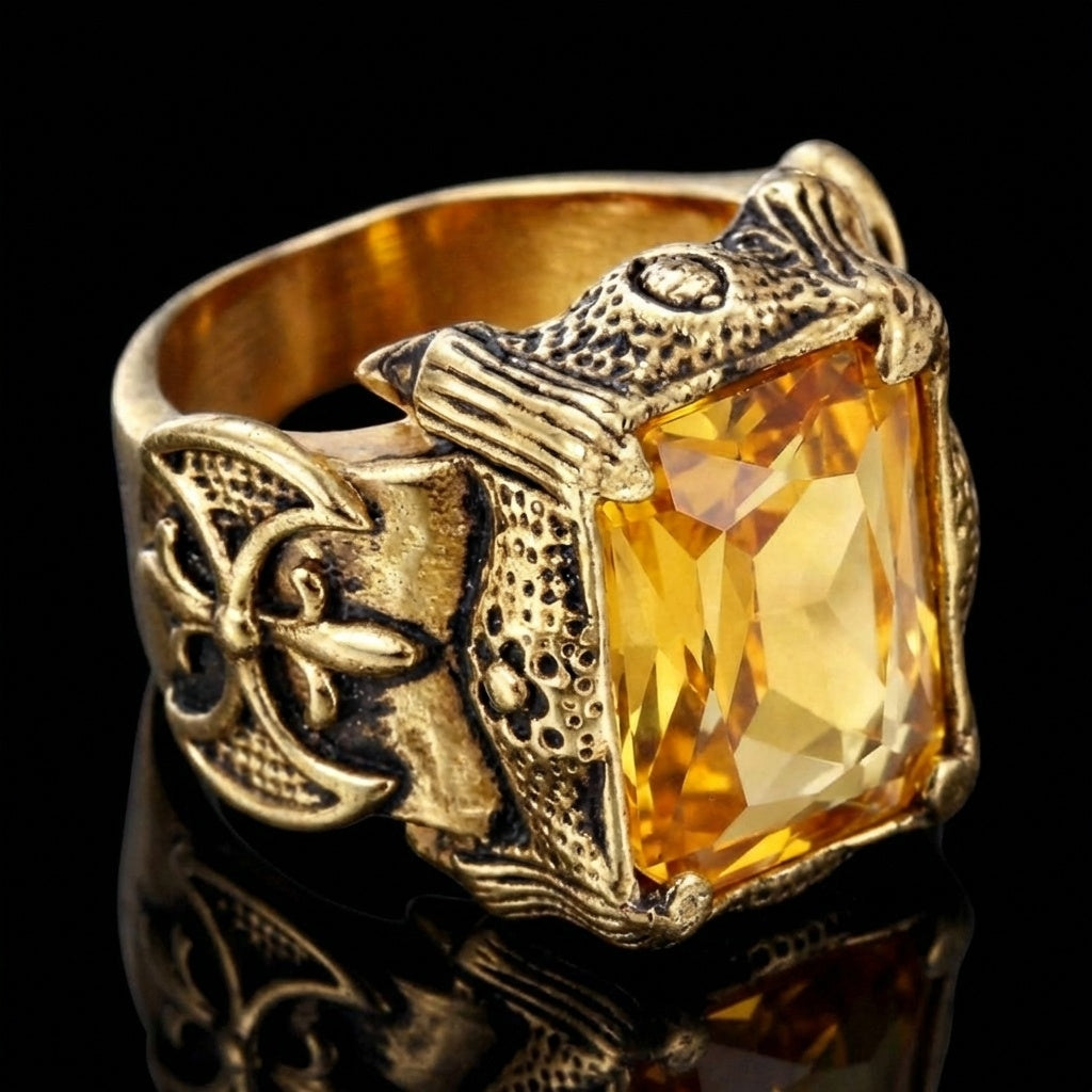 Yellow Zircon BOLD Iranian Golden Titanium Ring | 18K Real Gold PVD Plated– For Men | Includes: Ring