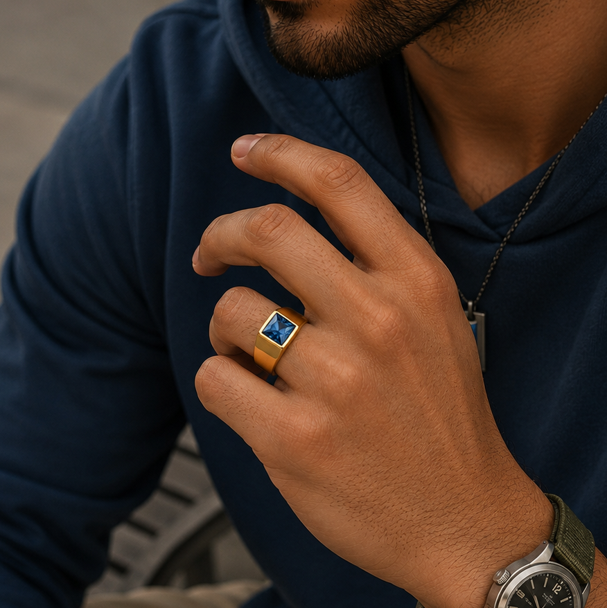 Golden Regular Light Blue Square Zircon Titanium Ring | 18K Real Gold PVD Plated– For Men | Includes: Ring
