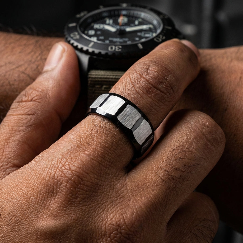 Everyday Textured Designer Black Ring | PVD Plated Real Steel– For Men | Includes: Ring
