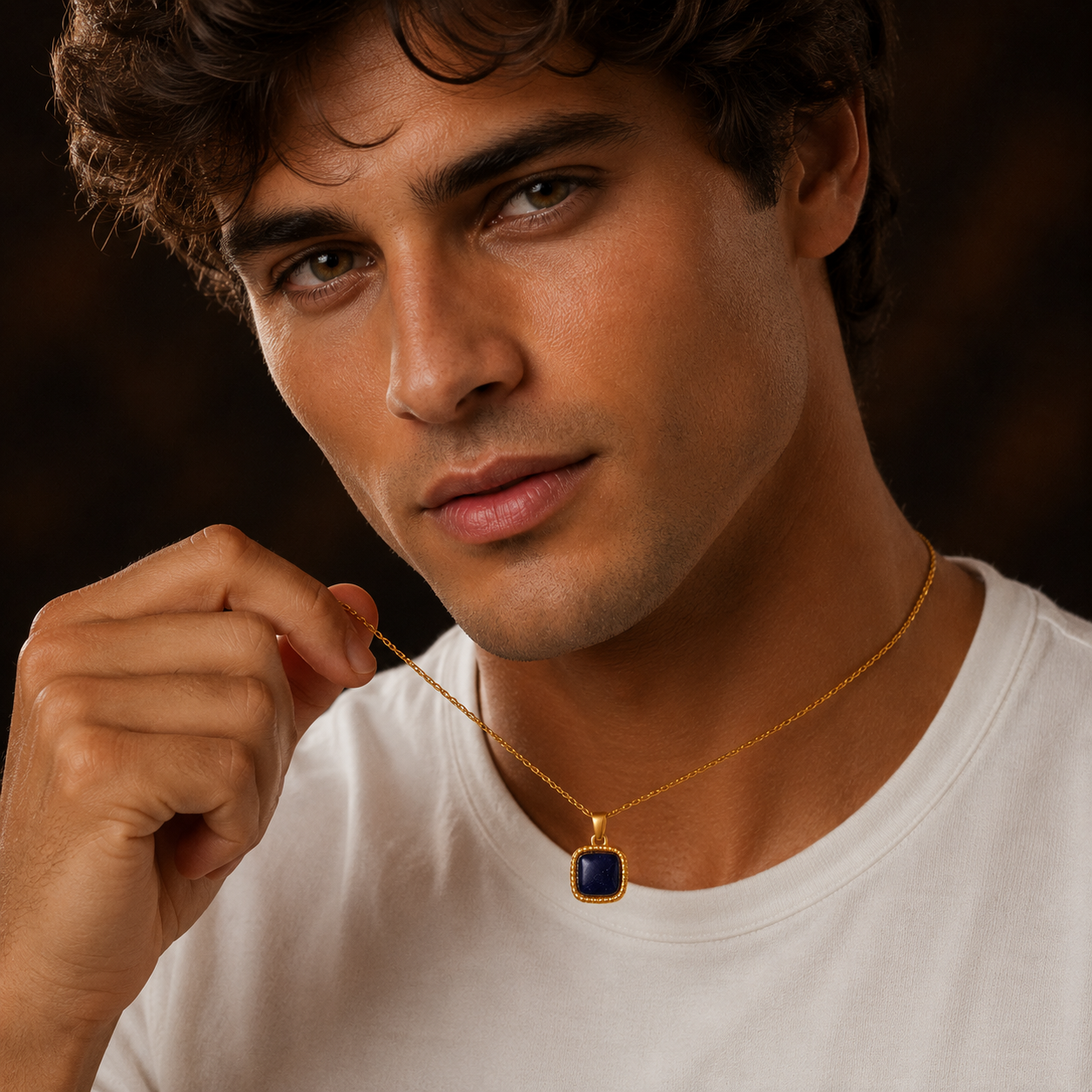 Blue Sandstone Center Piece Men's Dainty Necklace | 18K PVD Gold Plated - For Men| Includes: Necklace