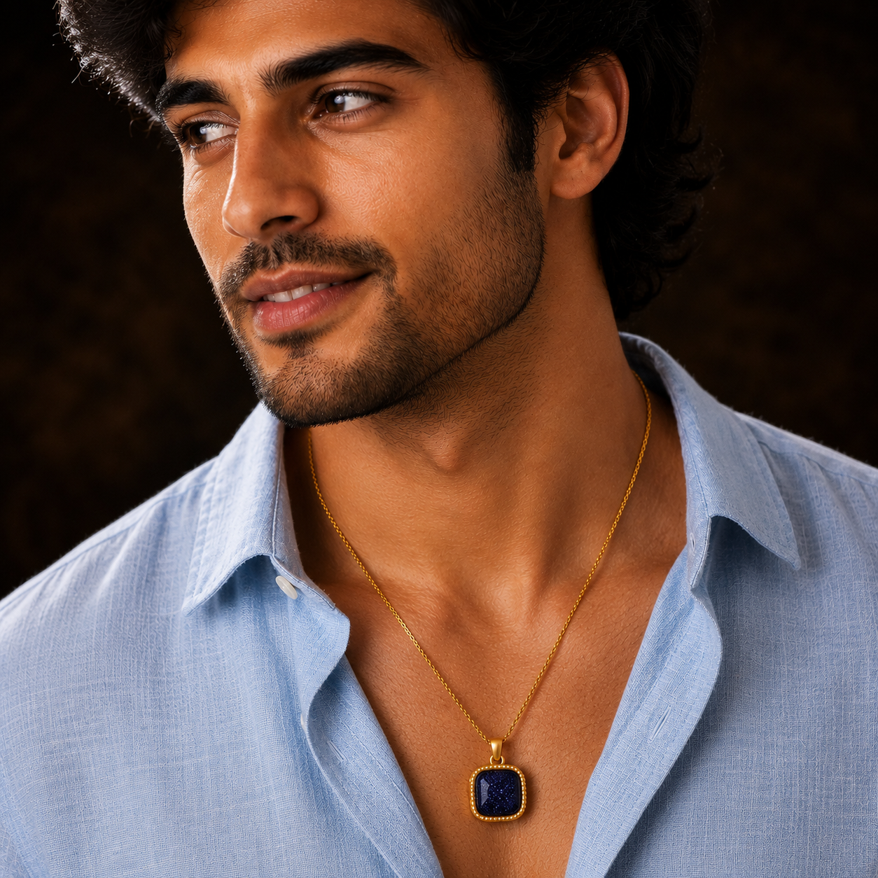 Blue Sandstone Center Piece Men's Dainty Necklace | 18K PVD Gold Plated - For Men| Includes: Necklace