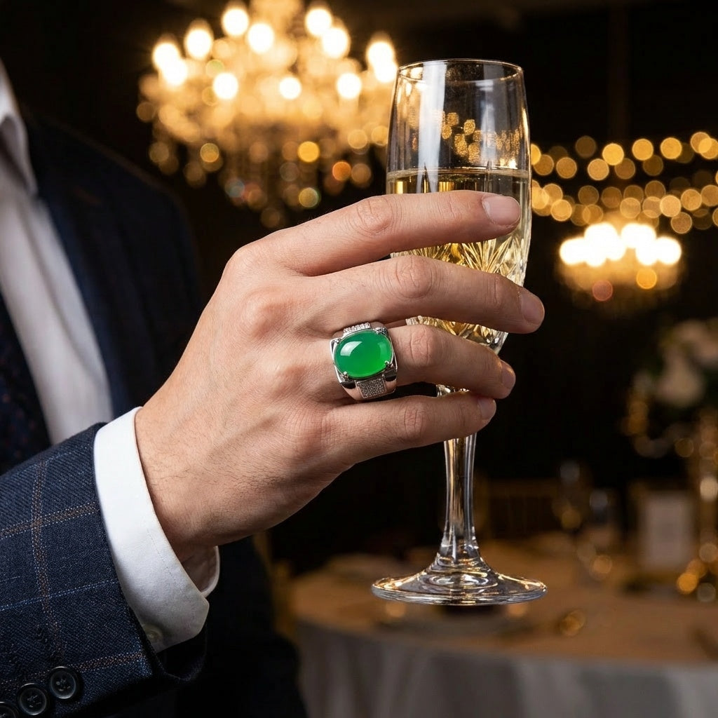 Green REAL STONE Zircon Ring | Pure Silver Plated Steel– For Men | Includes: Ring
