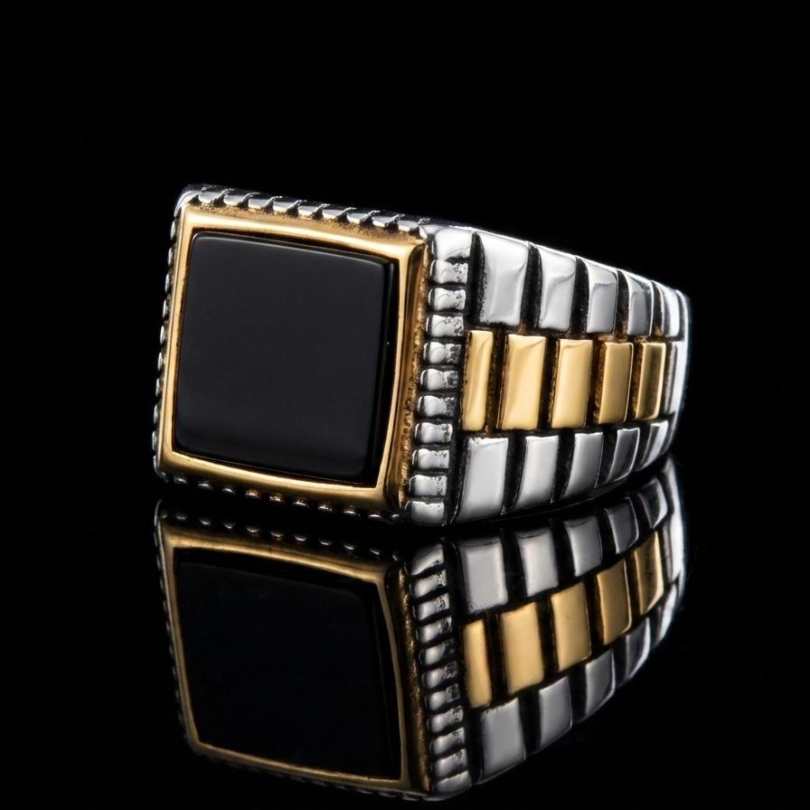 Natural Black Obsidian Stone Pyramid Ring | TITANIUM STEEL– For Men | Includes: Ring