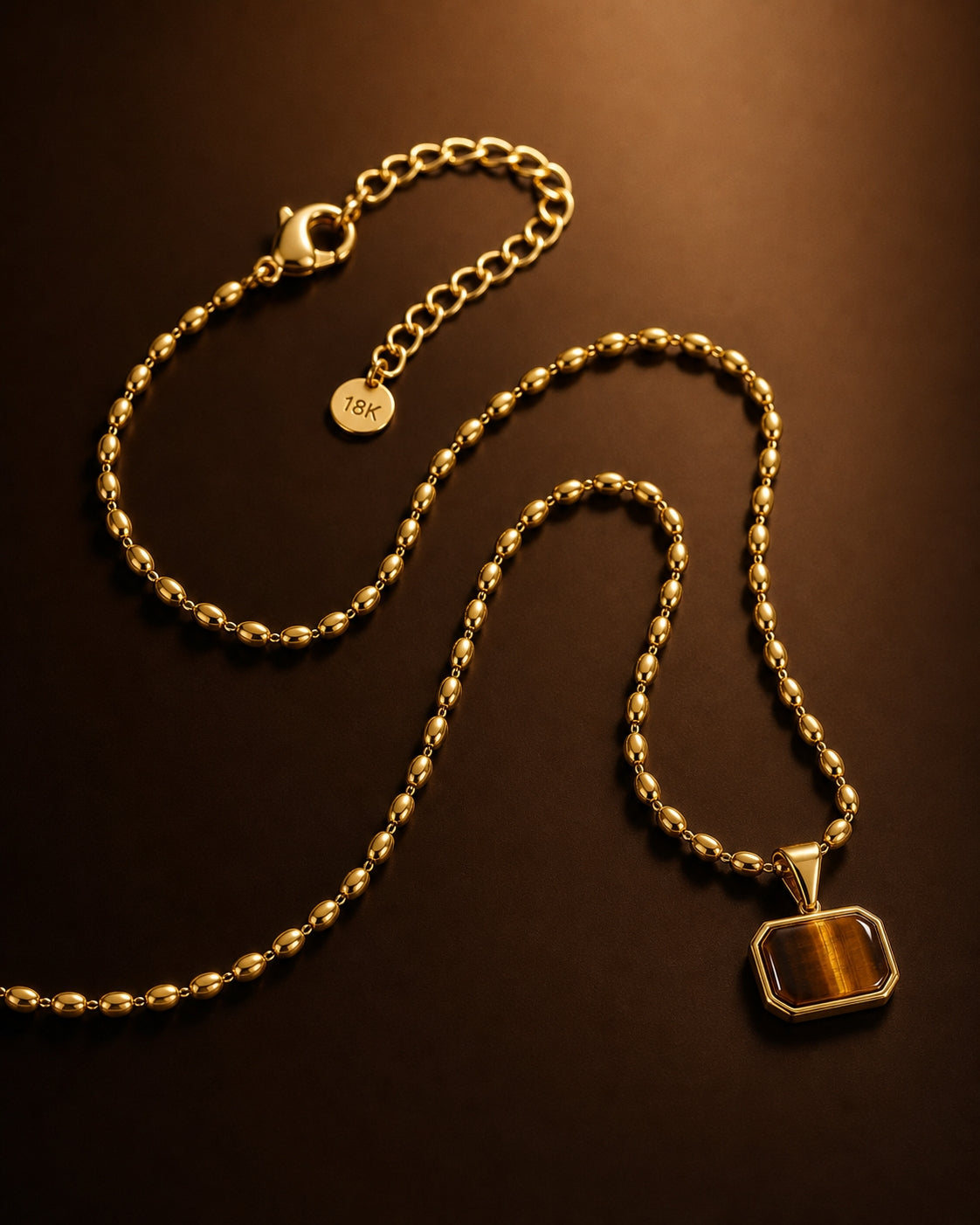Tiger Eye REAL Stone Men's Necklace | 18K PVD Gold Plated - For Men| Includes: Necklace