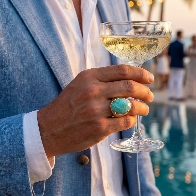 Natural Amazonite Faceted Stone Golden Flexi Size Ring | 18K Real Gold PVD Plated– For Men | Includes: Ring
