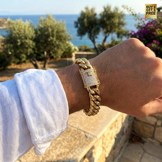 Ultra Modern Zircon 14MM Bold Chain Bracelet | 18K Real Gold PVD Plated - For Men | Includes: Bracelet