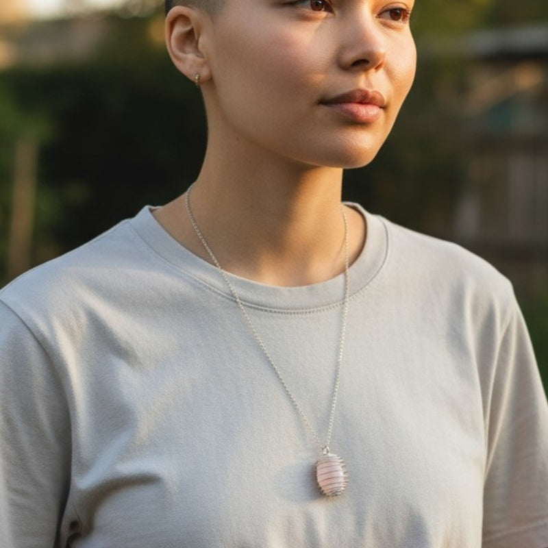 Chunky Whirl Silverish Rose Necklace | Rose Quartz - For Women | Includes: Necklace