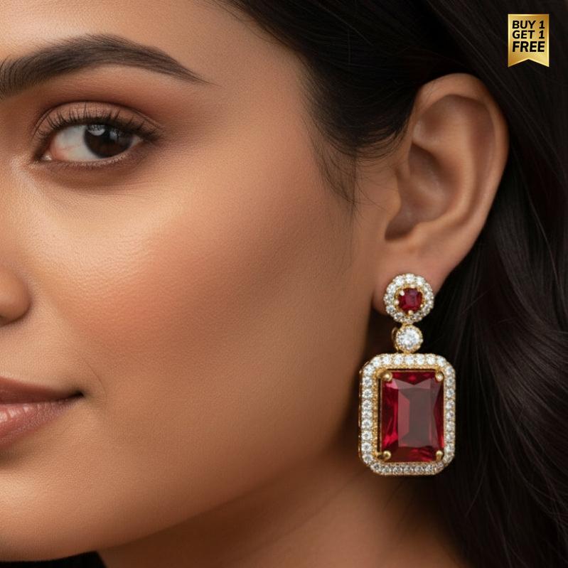 Bold Red Zircon Earring | 18K PVD Gold Plated - For Women | Includes: Earring